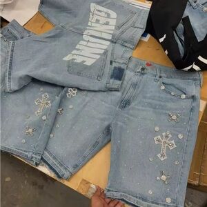 Embellished Light Blue Denim Shorts
